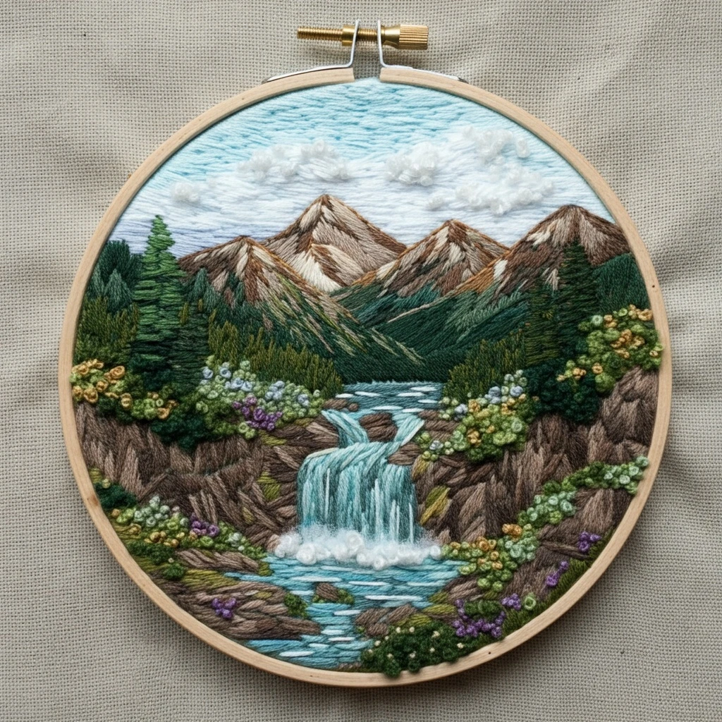 Mountain Waterfall Embroidery