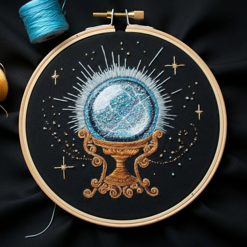 Mystical Crystal Ball Embroidery on Black Fabric