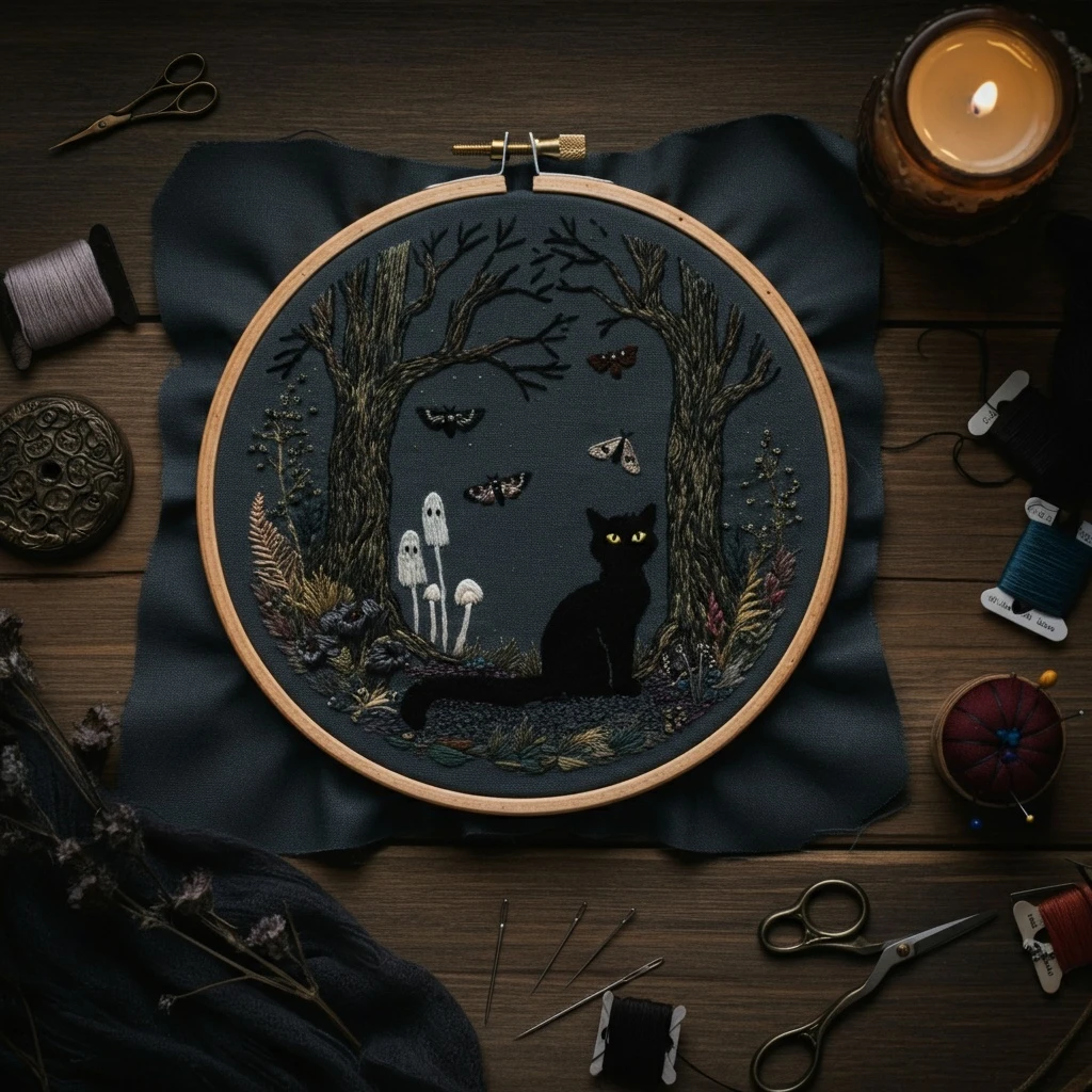 Mystical Midnight Cat Embroidery
