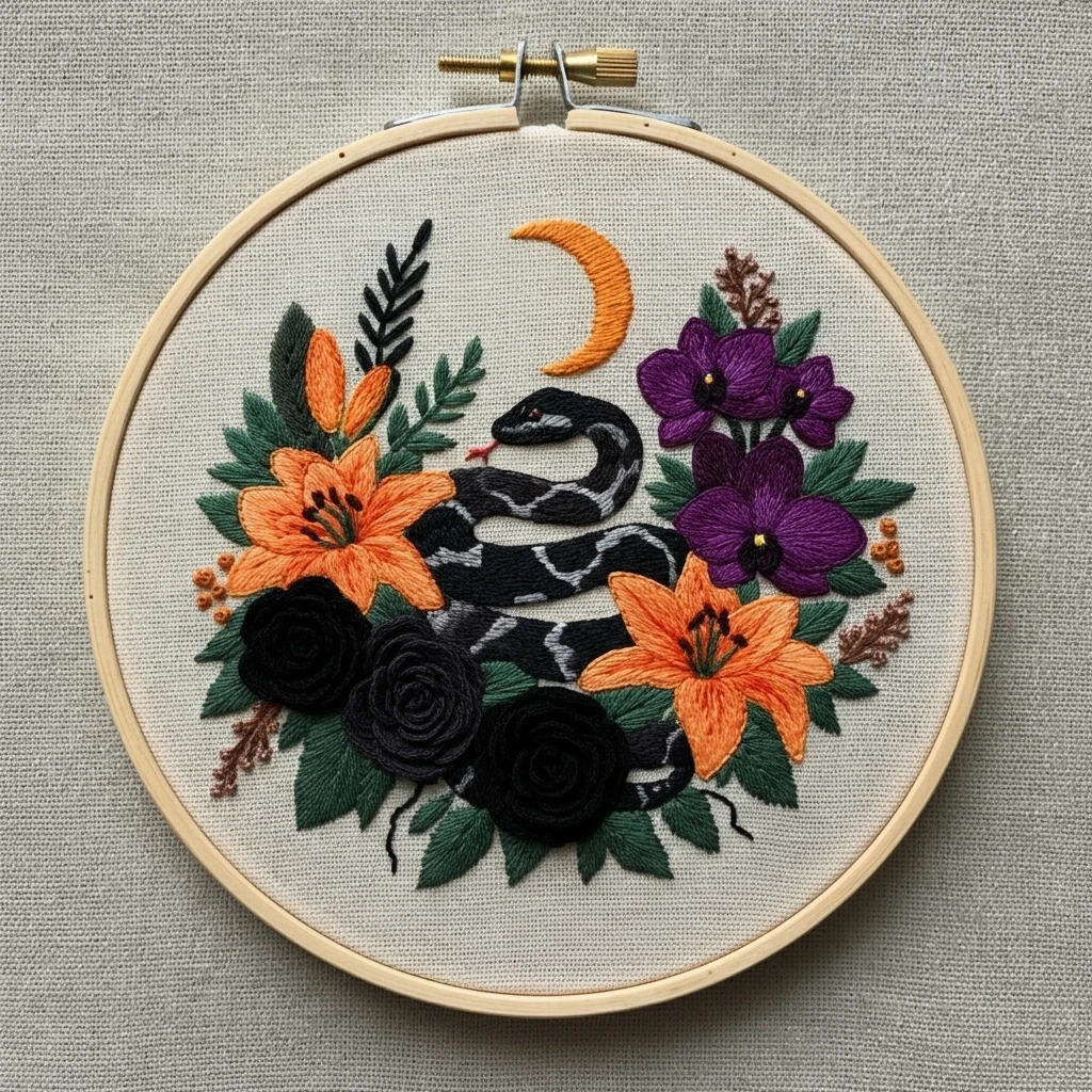 Mystical Serpent and Floral Crescent Embroidery