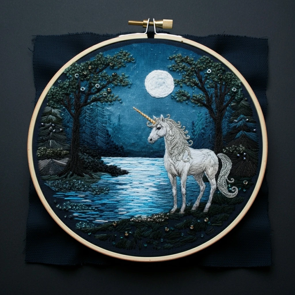 Mythical Unicorn Night Landscape Embroidery