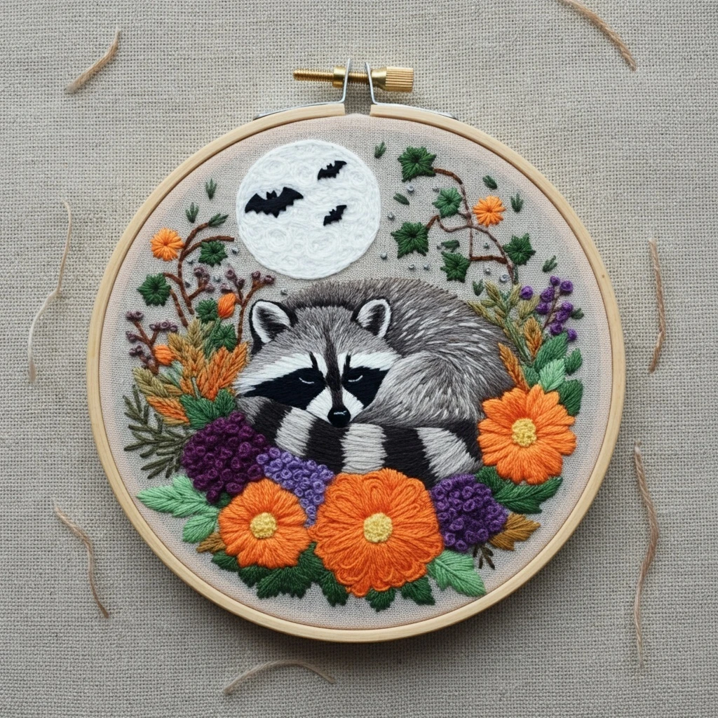Nocturne Raccoon Embroidery Hoop