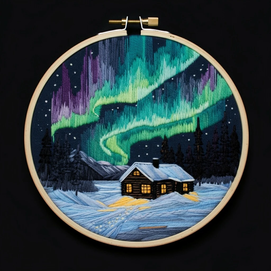 Northern Lights Cabin Embroidery