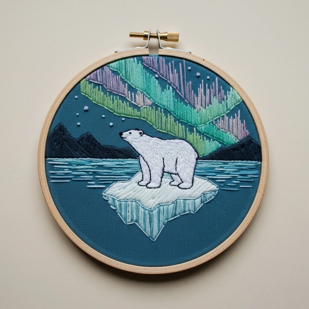 Northern Lights Polar Bear Embroidery Art