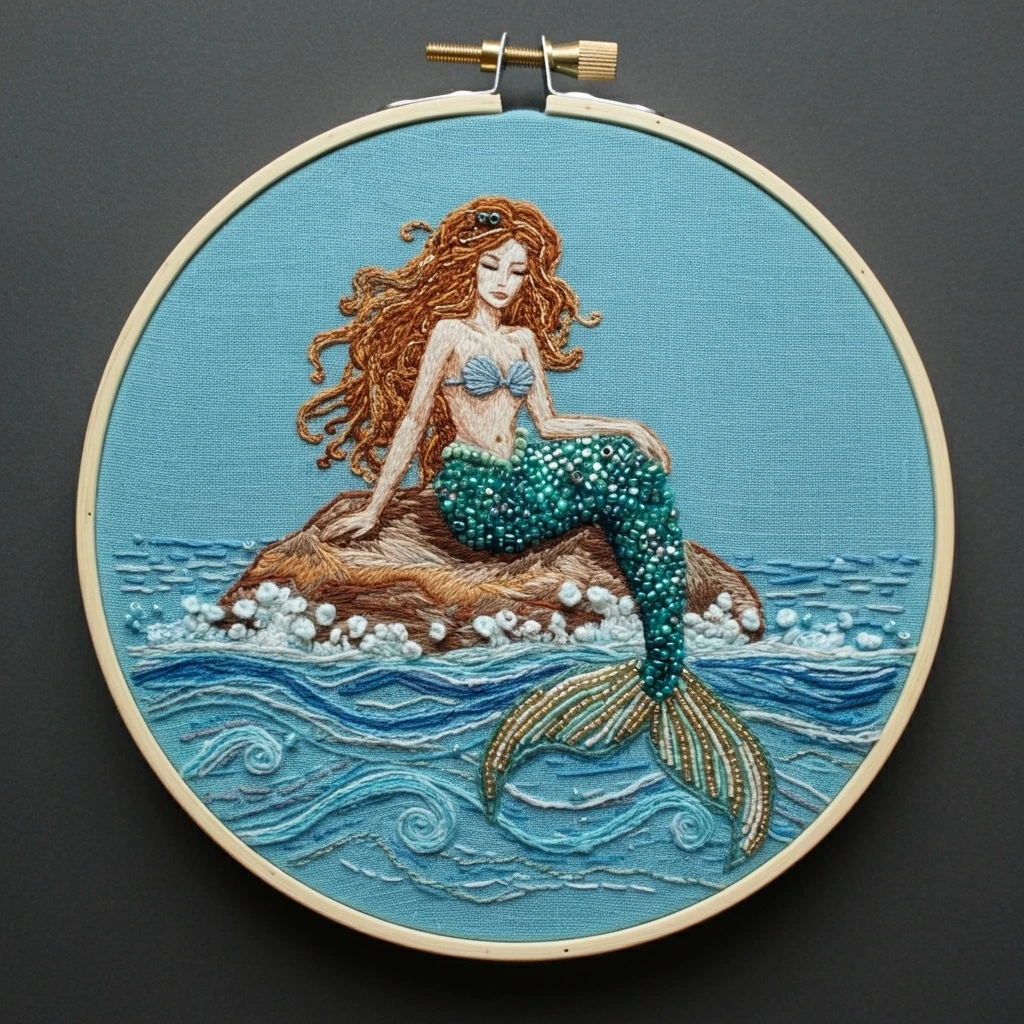 Ocean Siren Mermaid Embroidery Art