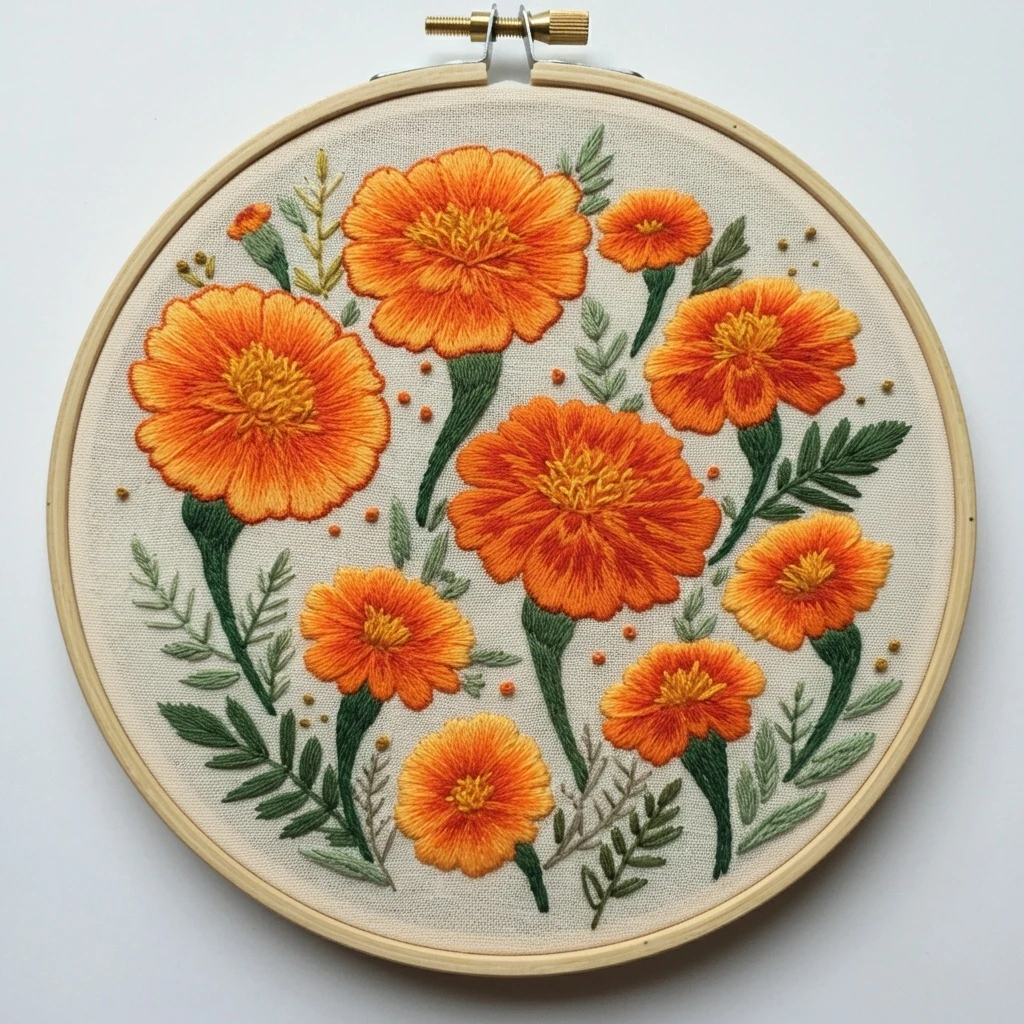 Orange Marigold Floral Embroidery