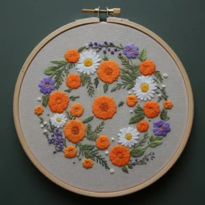 Orange & White Floral Wreath Embroidery | Hand Embroidery Pattern PDF