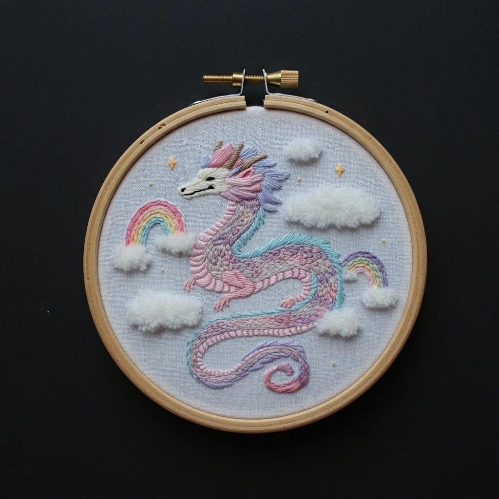 Pastel Rainbow Dragon Hand Embroidery