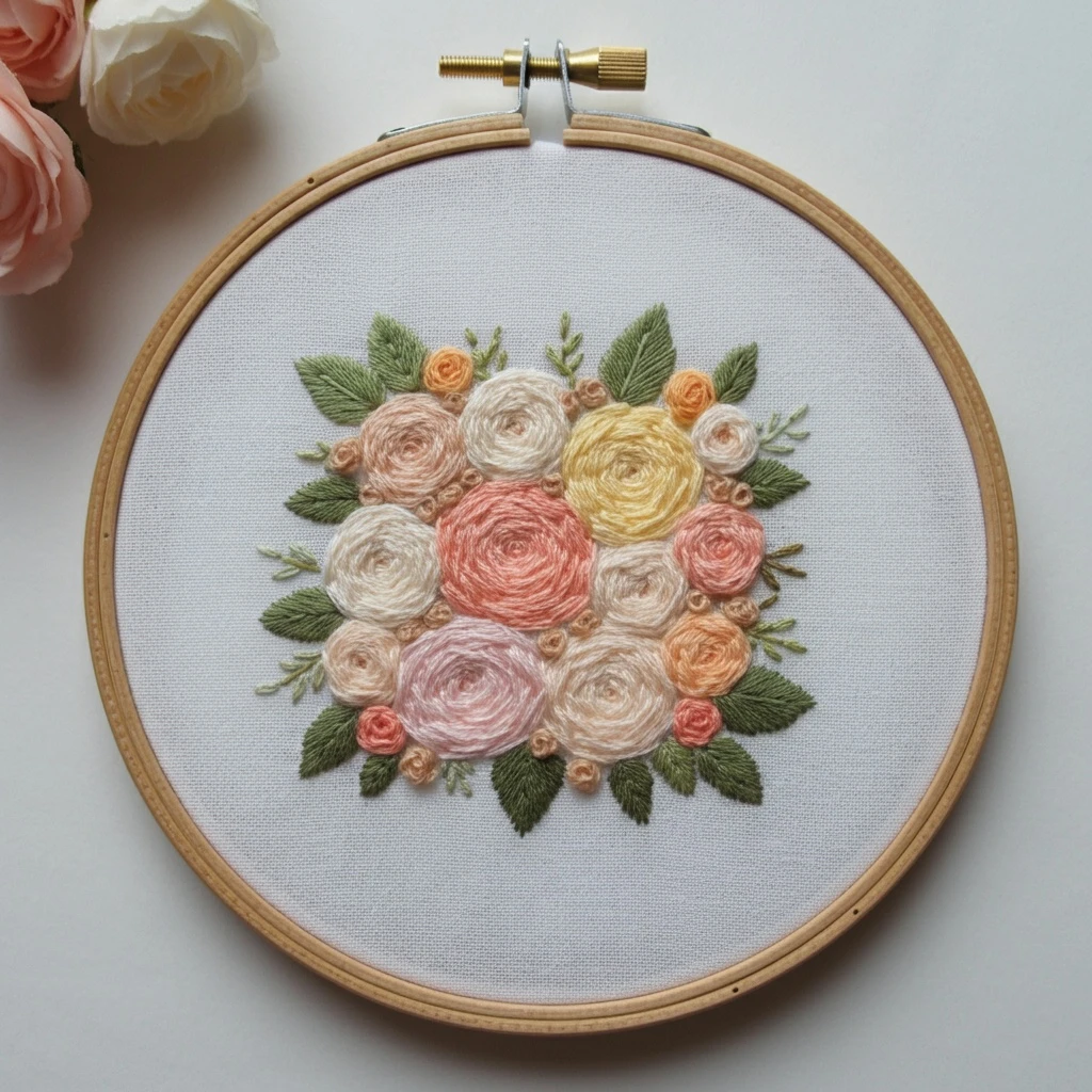 Pastel Rose Garden Embroidery Art