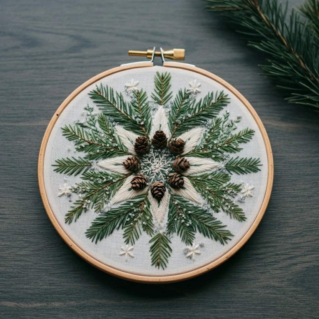 Pinecone and Evergreen Christmas Wreath Embroidery