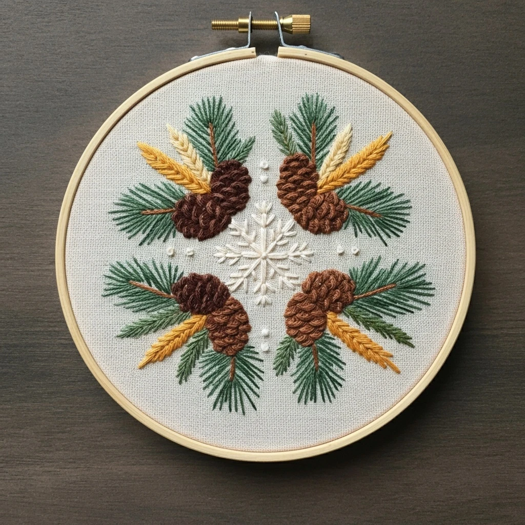 Pinecone and Wheat Winter Wreath Embroidery
