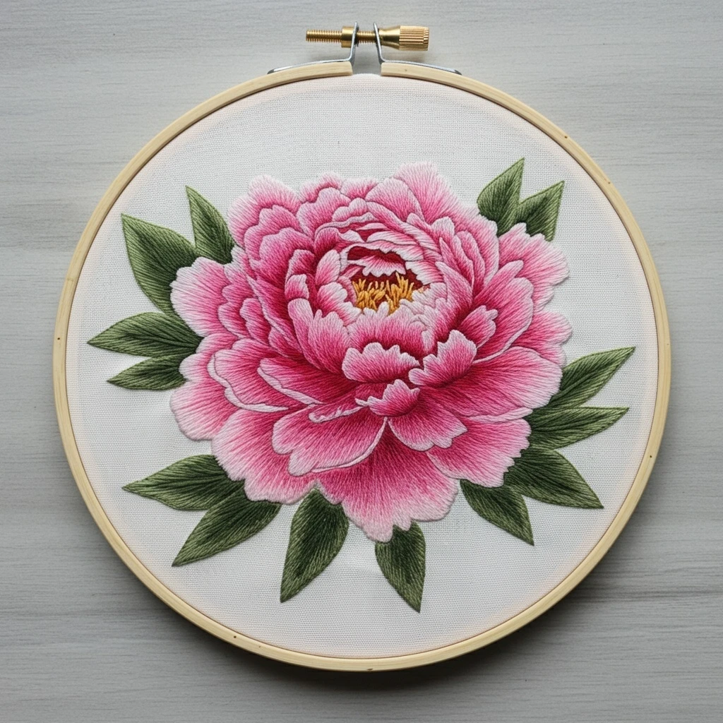 Pink Peony Bloom Embroidery