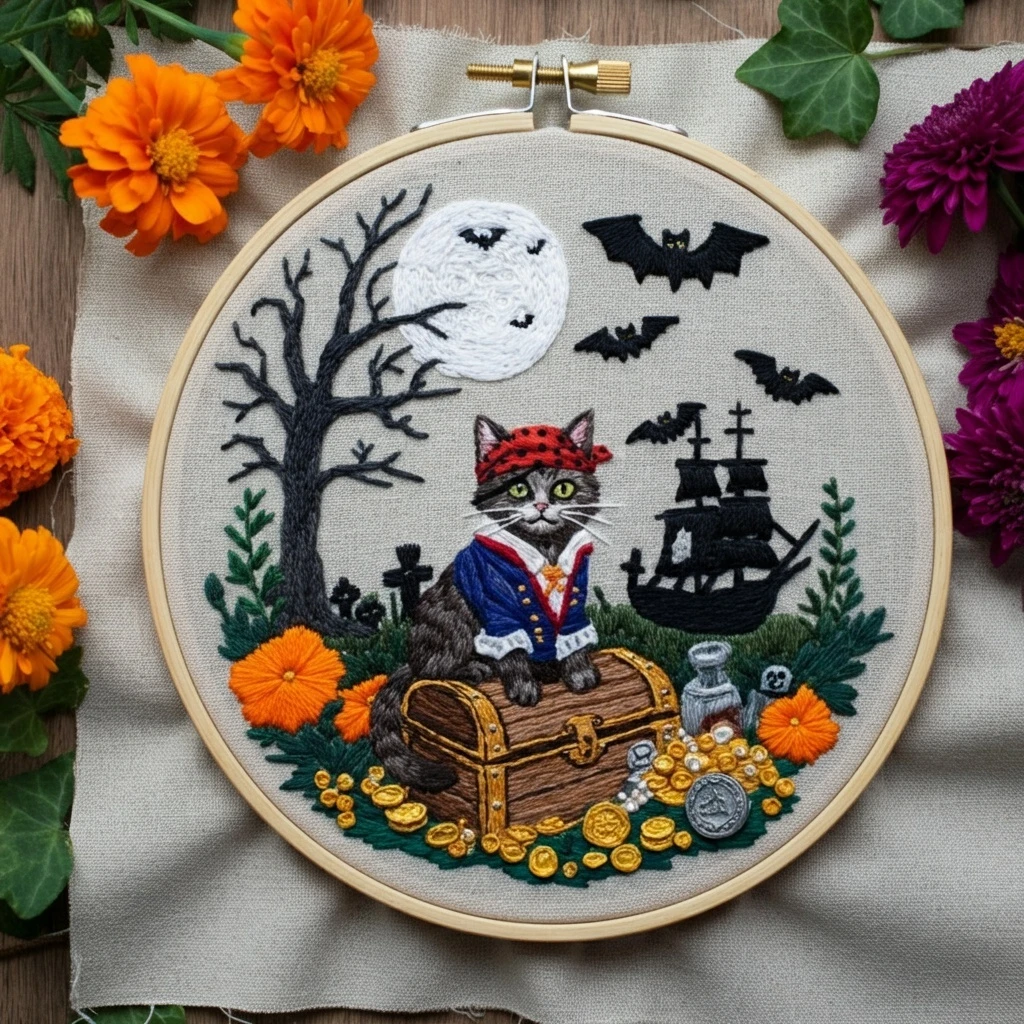 Pirate Cat and Treasure Embroidery