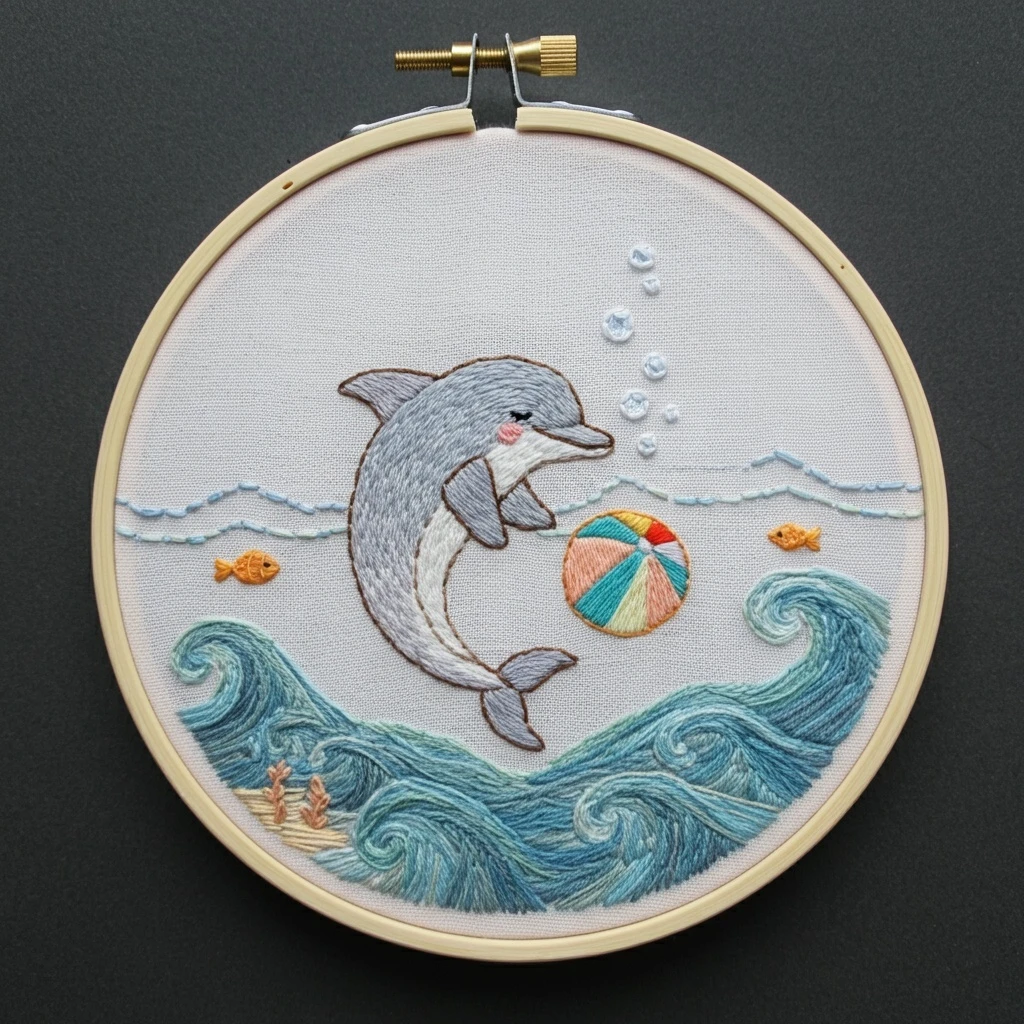 Playful Dolphin Embroidery Hoop Art