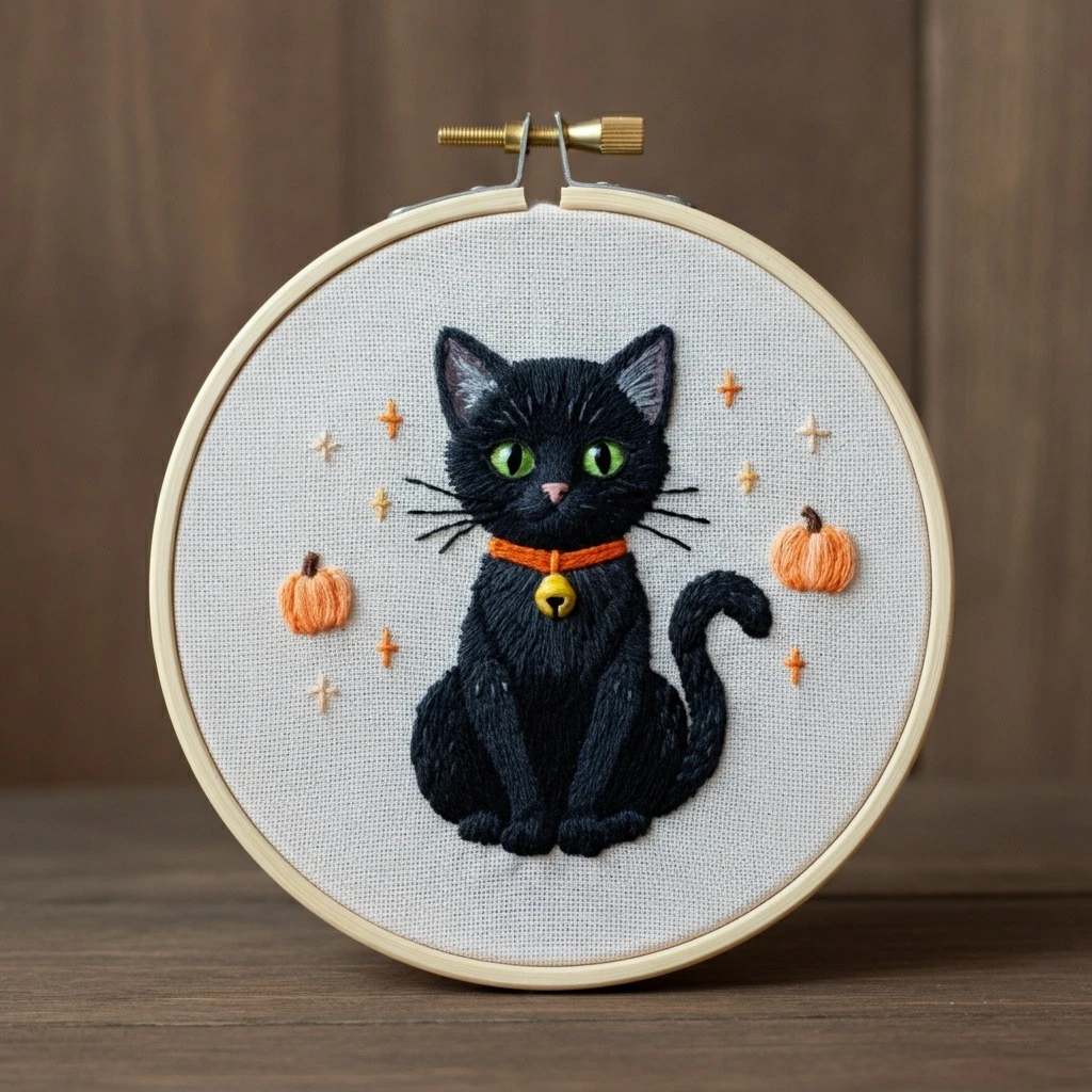 Pumpkin Night Black Cat Embroidery