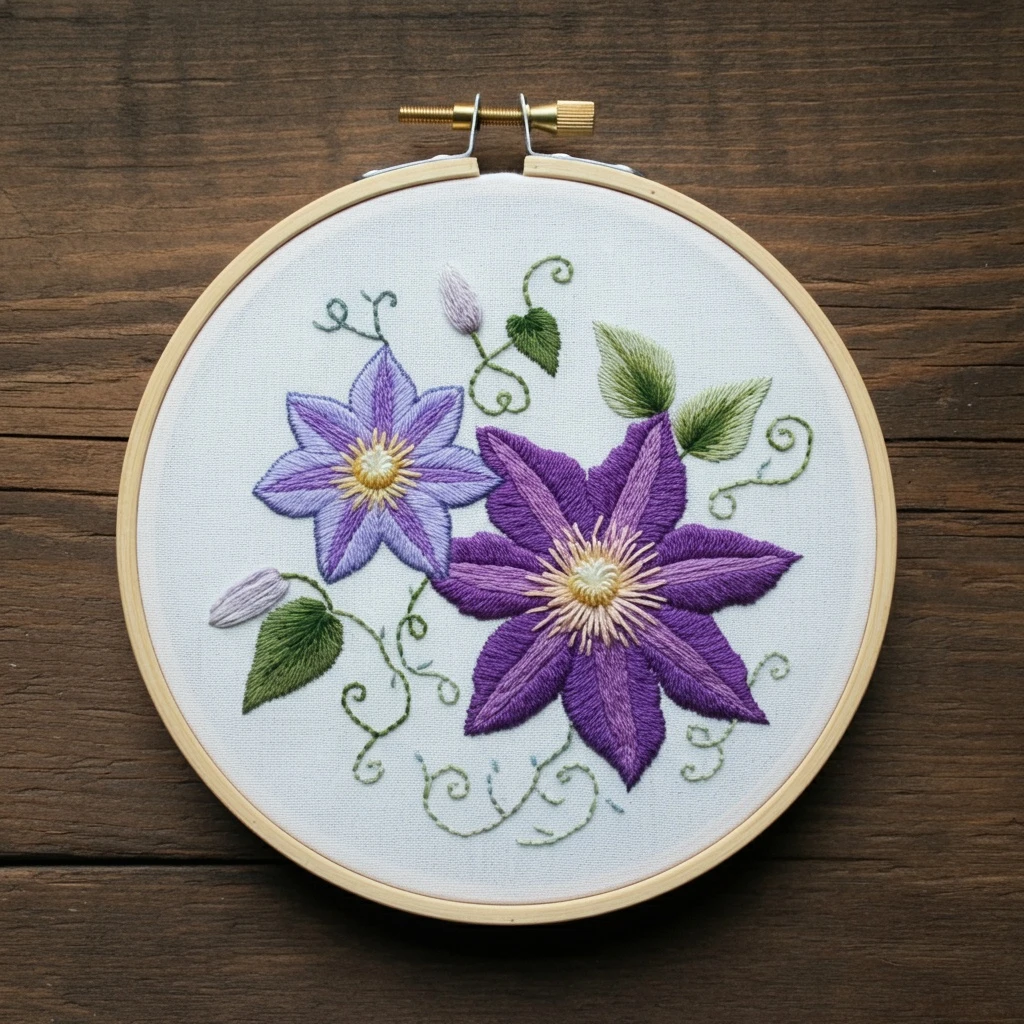 Purple Clematis Flowers Embroidery
