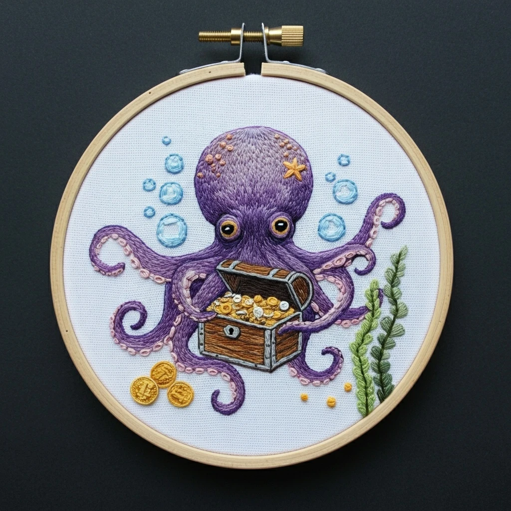 Purple Octopus Guarding Treasure Embroidery