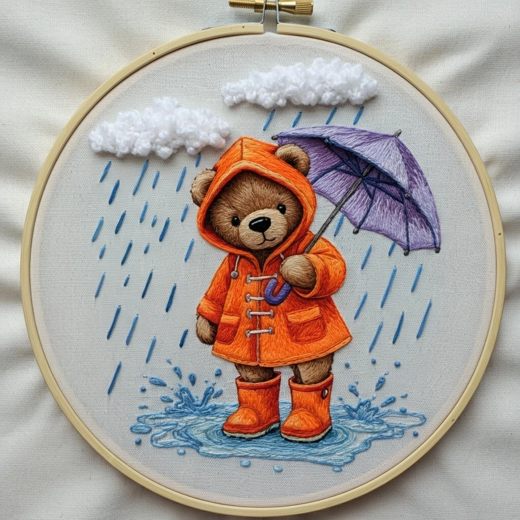 Rainy Day Teddy Bear Embroidery