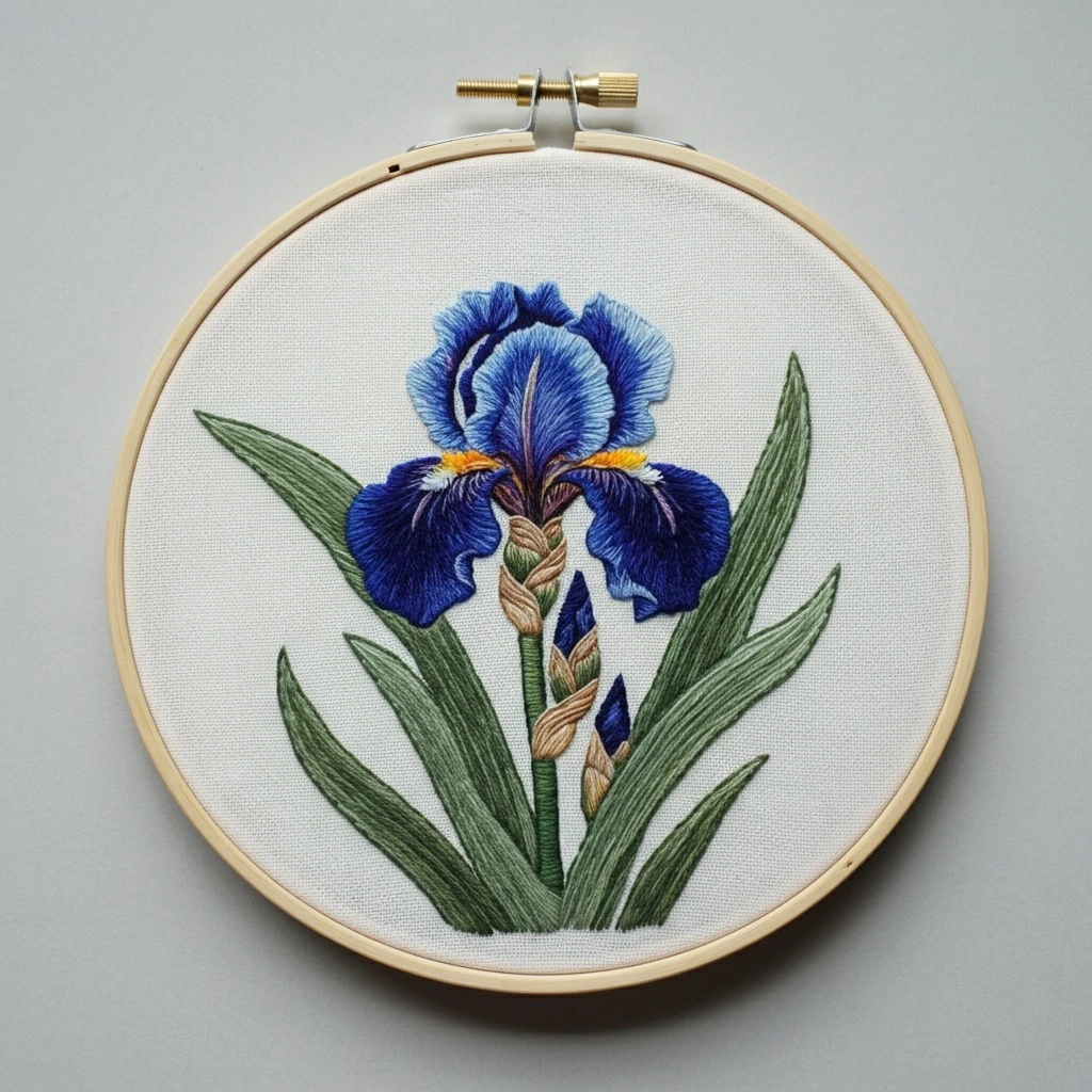 Realistic Blue Iris Flower Embroidery in Hoop