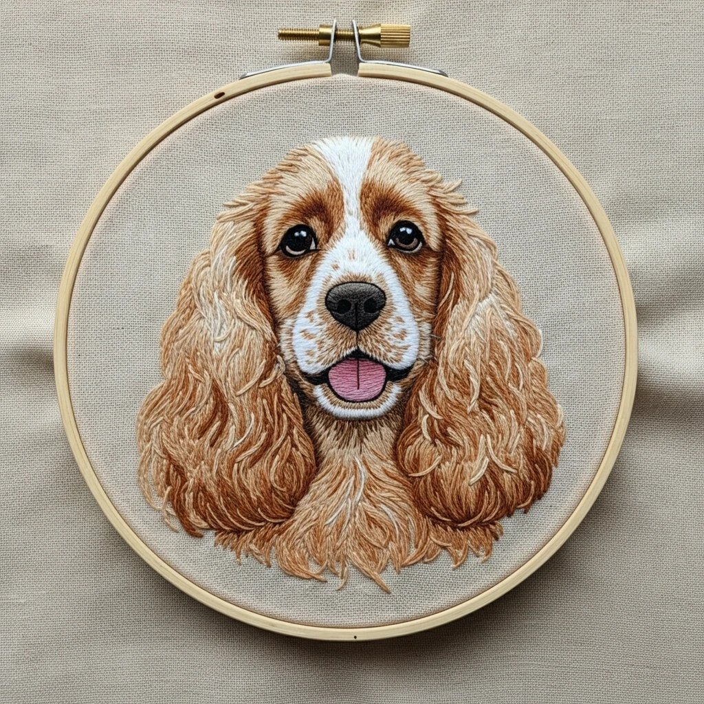 Realistic Cocker Spaniel Hand Embroidery Portrait