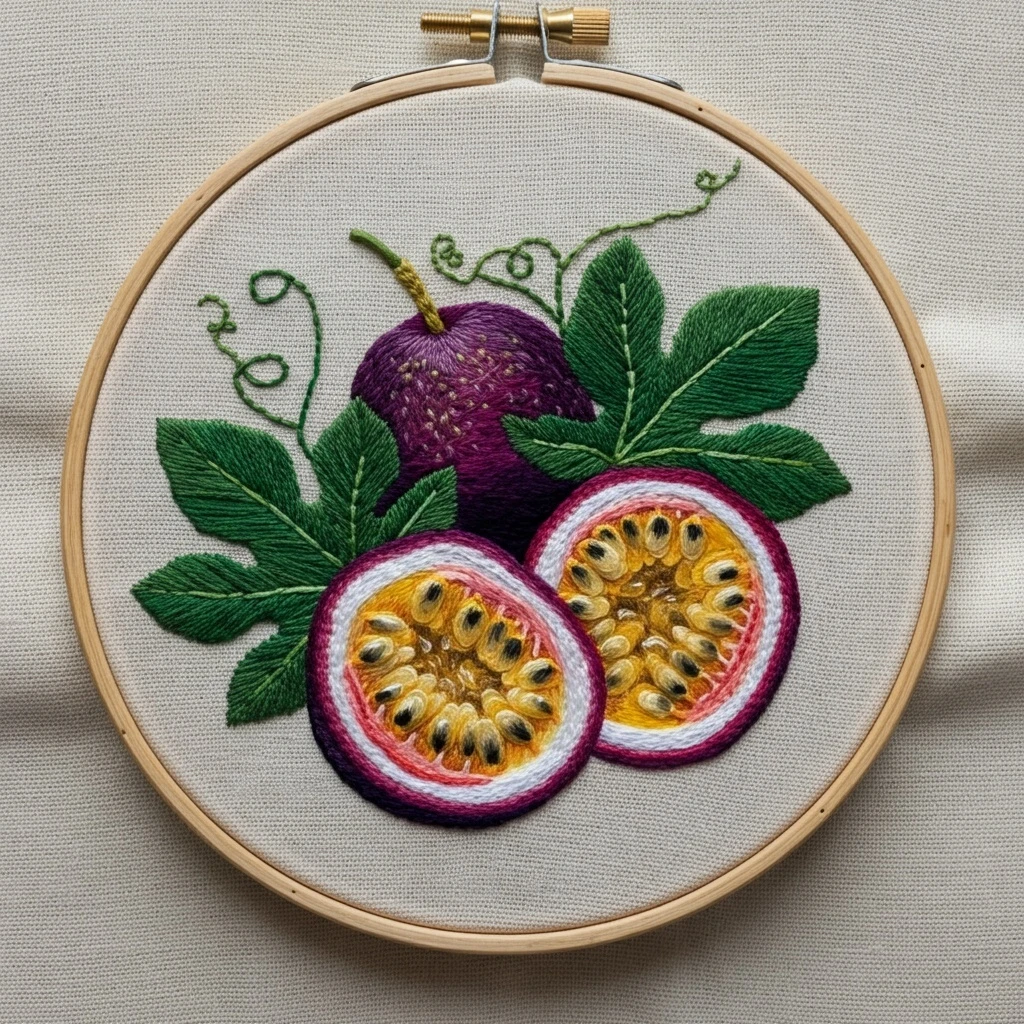 Realistic Embroidered Passion Fruit Hoop Art