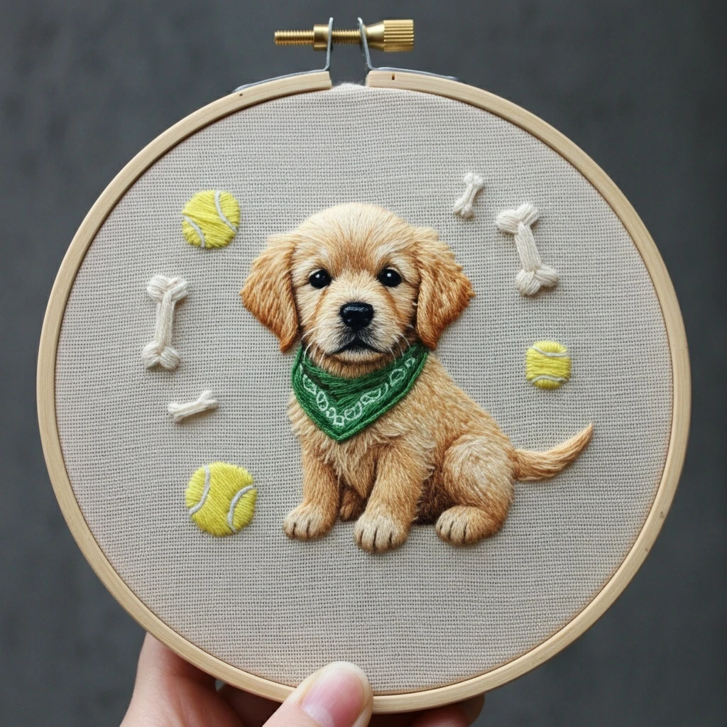 Realistic Golden Retriever Puppy Embroidery Art