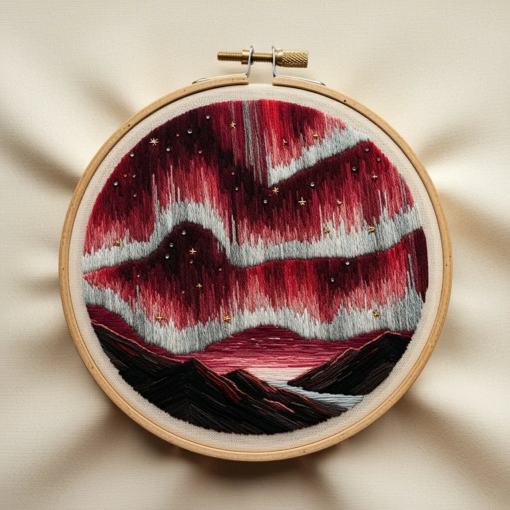 Red Aurora Night Sky Embroidery