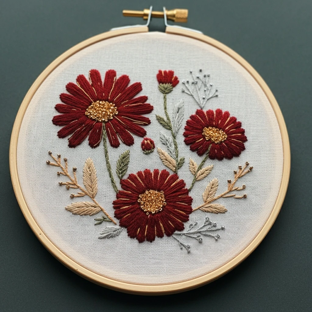 Red Daisy Floral Embroidery