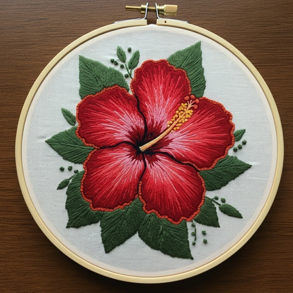 Red Hibiscus Floral Embroidery