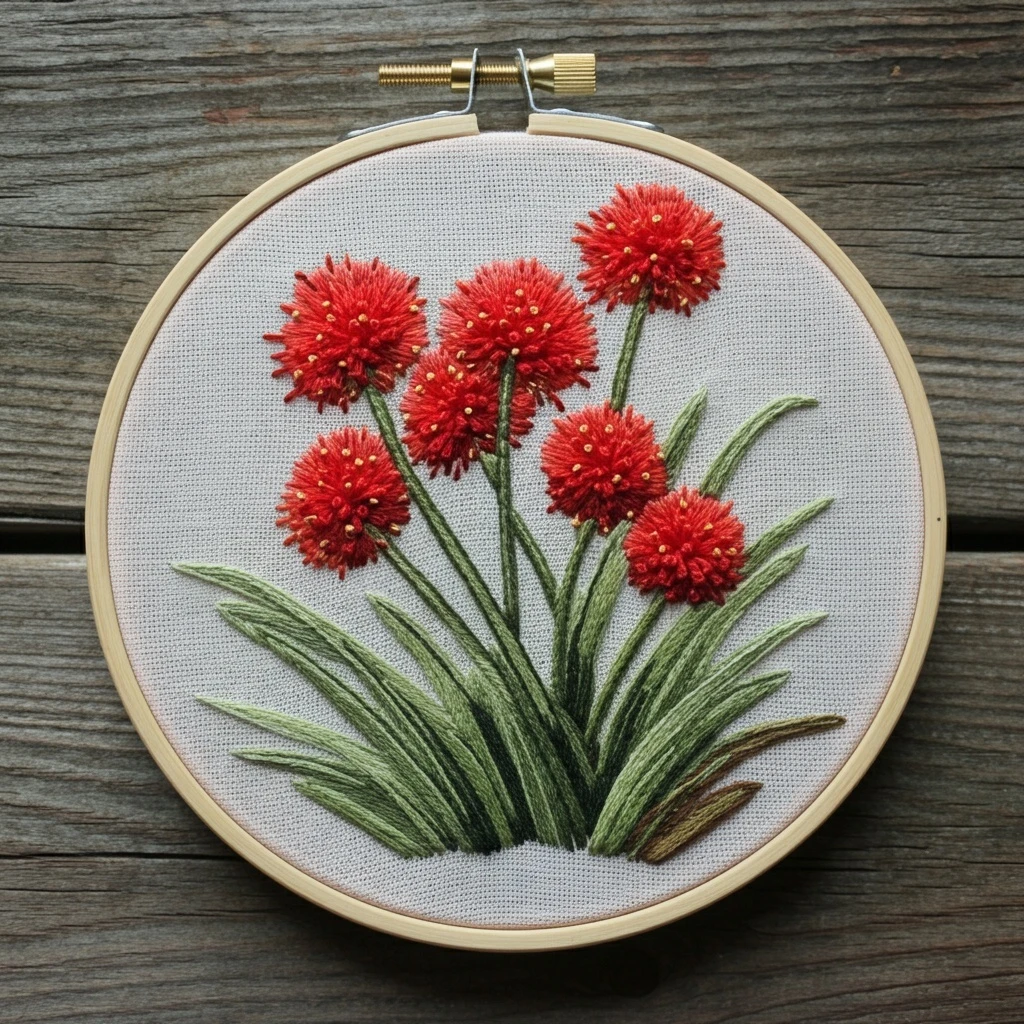 Red Pom Pom Wildflower Embroidery