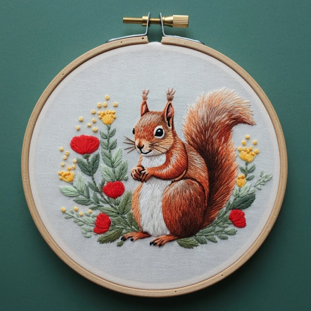Red Squirrel and Floral Wreath Hand Embroidery
