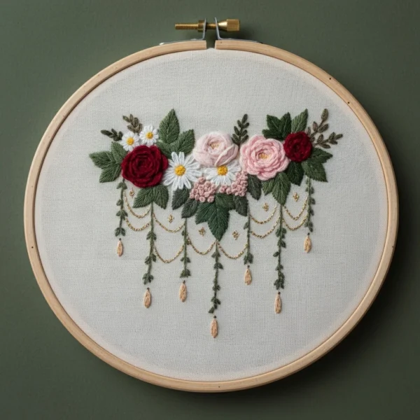 Regal Floral Swag with Draped Chains | Hand Embroidery Pattern PDF