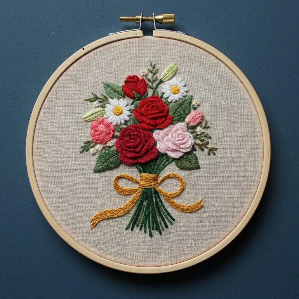 Romantic Rose Bouquet Embroidery Art