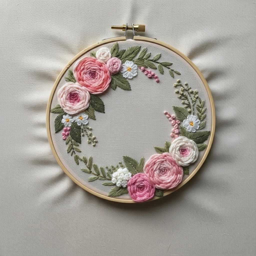 Romantic Rose and Daisy Wreath Hand Embroidery Pattern