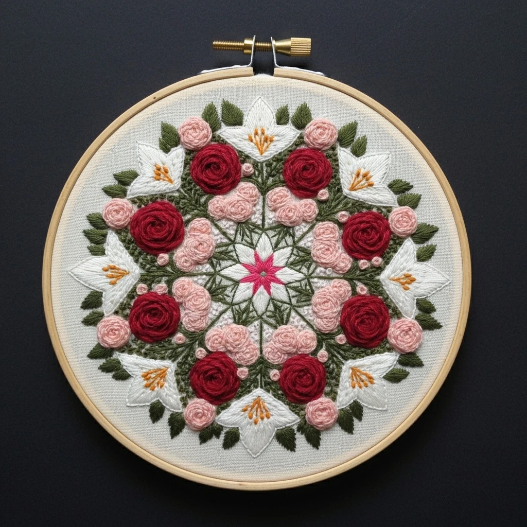 Romantic Rose and Lily Floral Wreath Embroidery Hoop