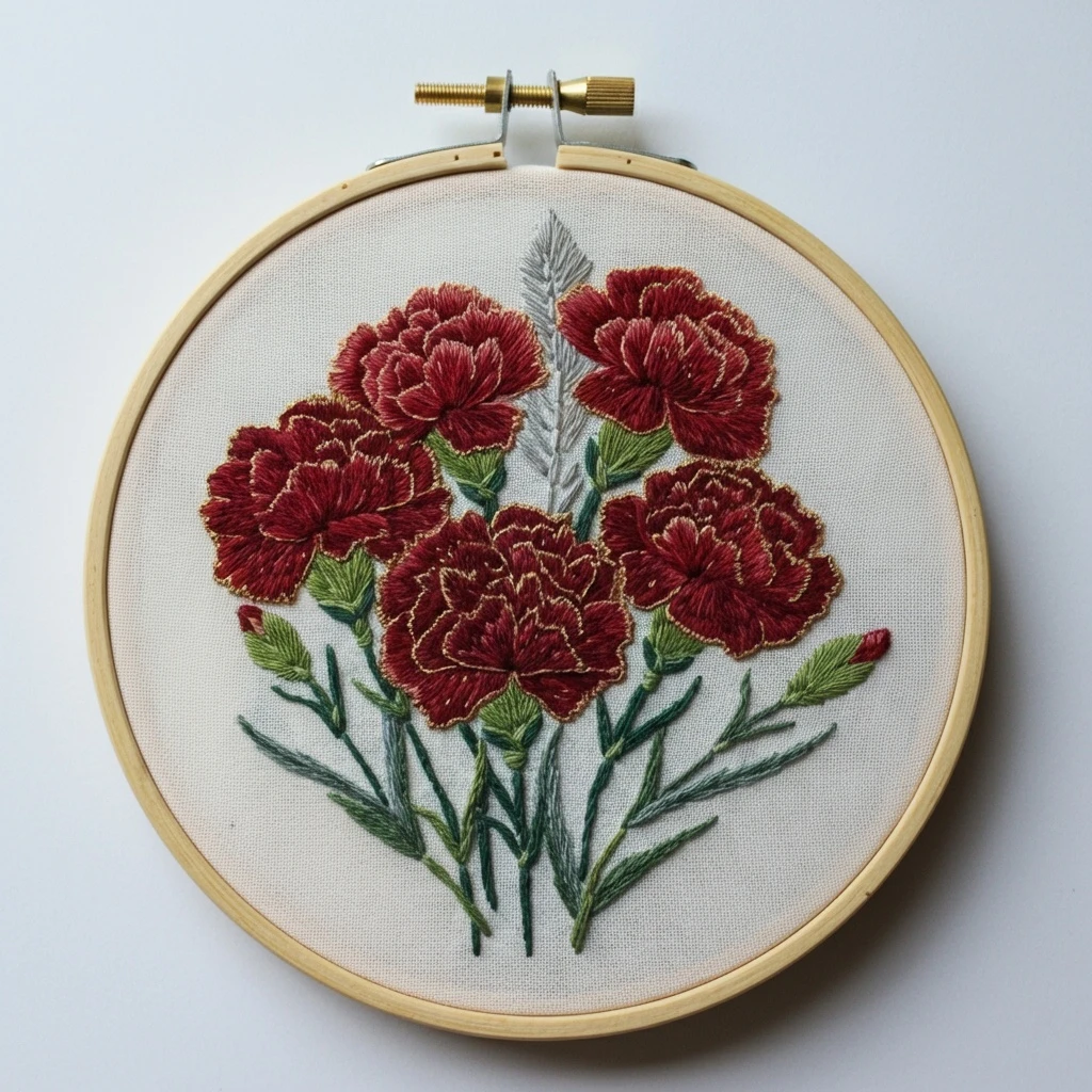Ruby Carnation Cluster Embroidery Art