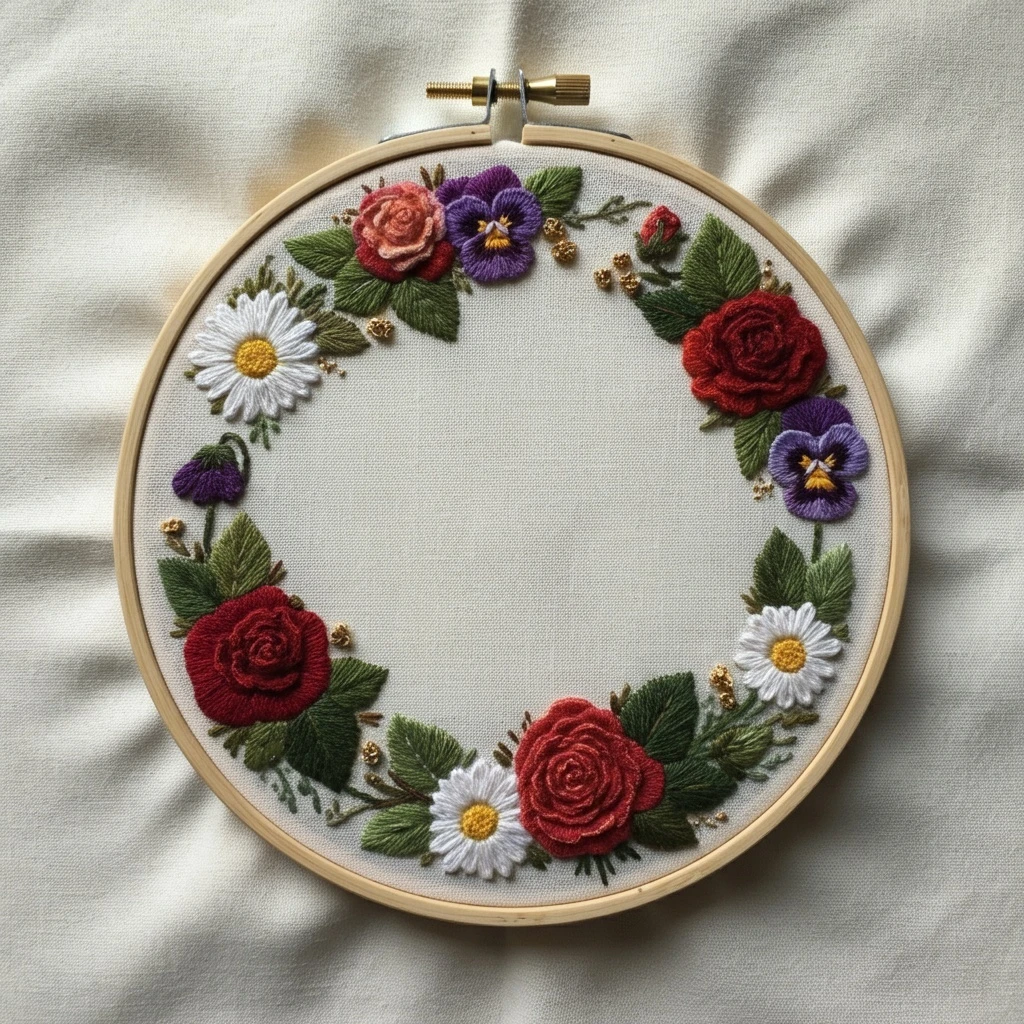 Rustic Floral Wreath Hoop Embroidery