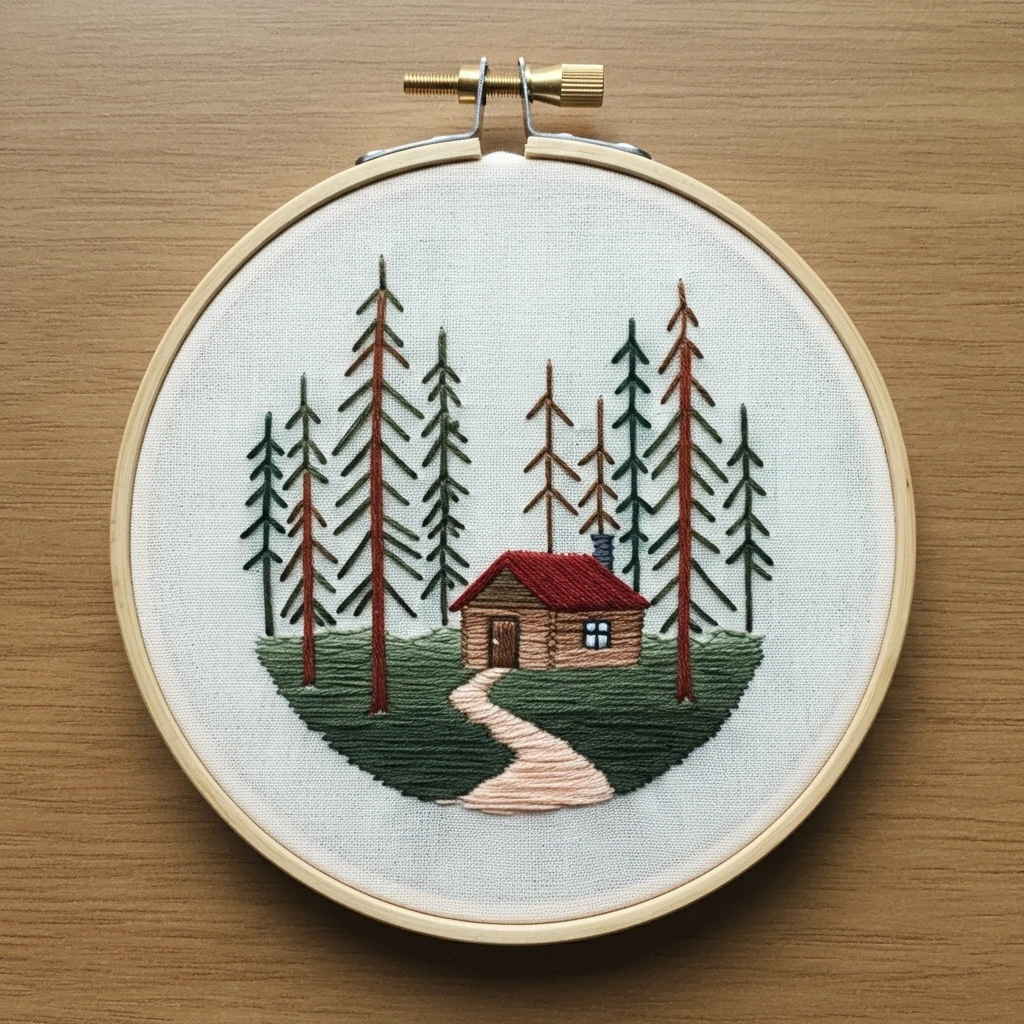 Rustic Forest Cabin Hand Embroidery