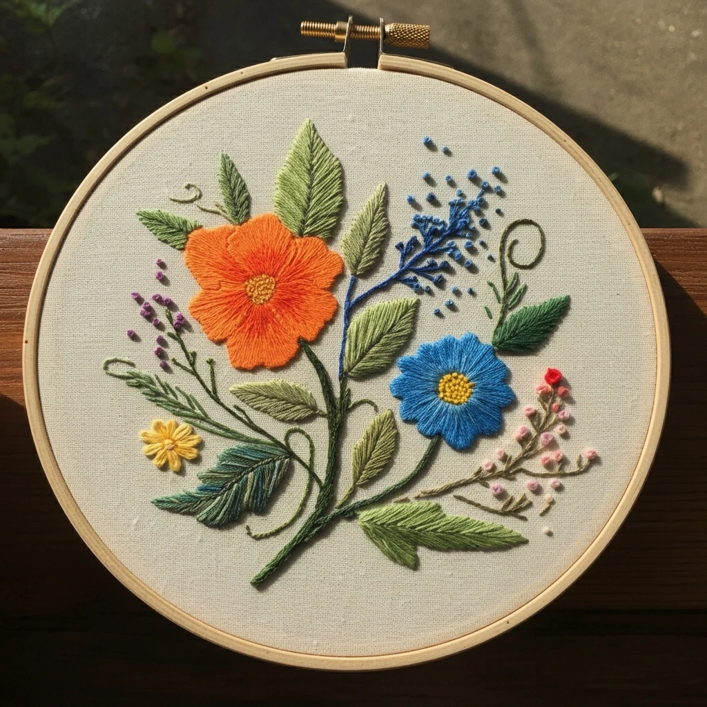 Rustic Wildflower Bouquet Hand Embroidery in Natural Light