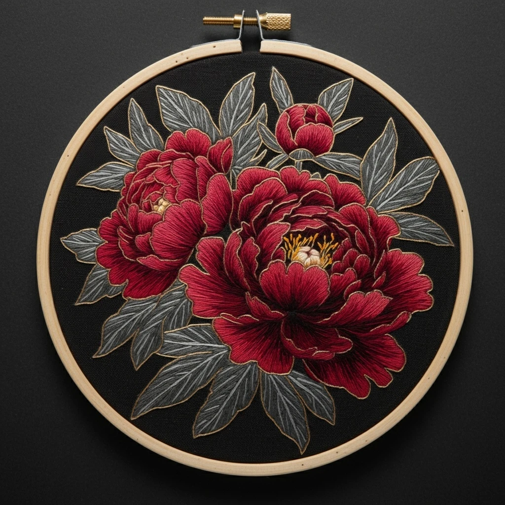 Scarlet Peony Elegance Embroidery Art
