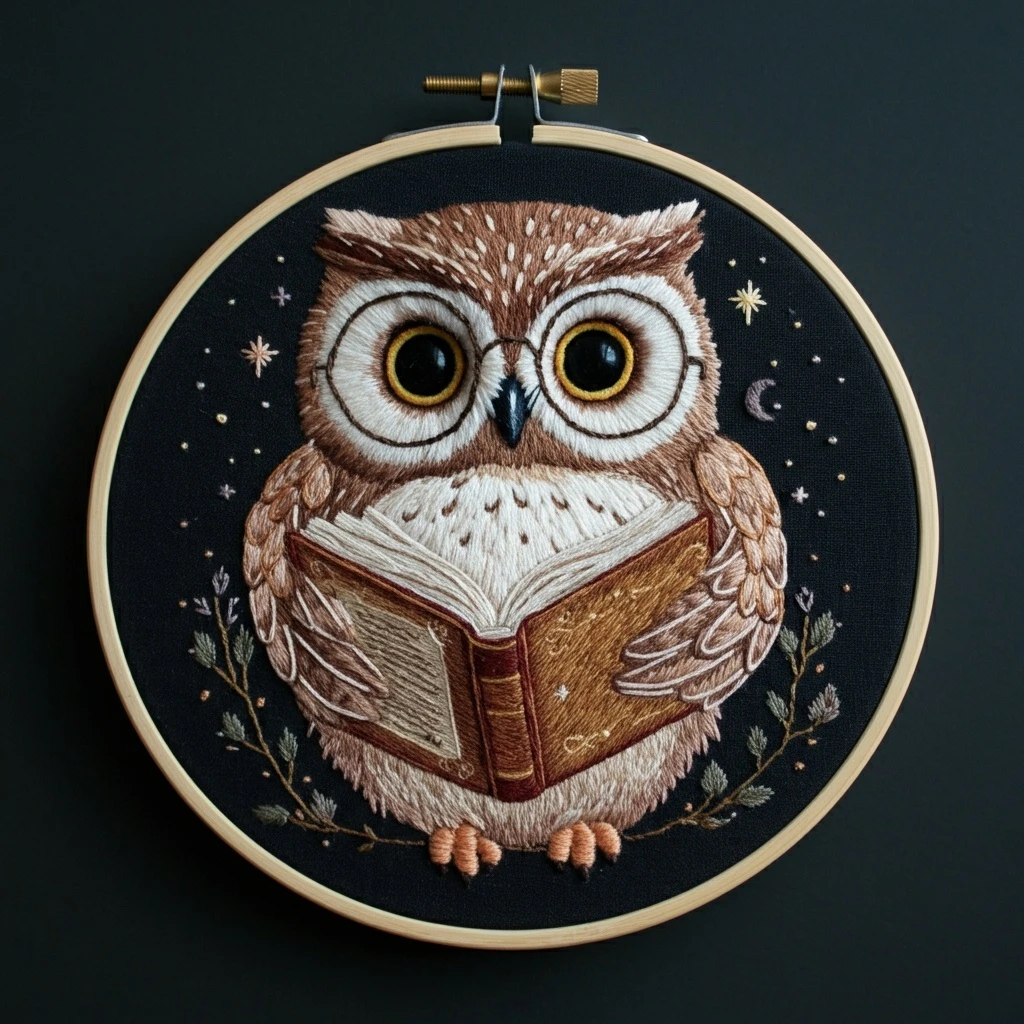 Scholarly Owl Embroidery Art