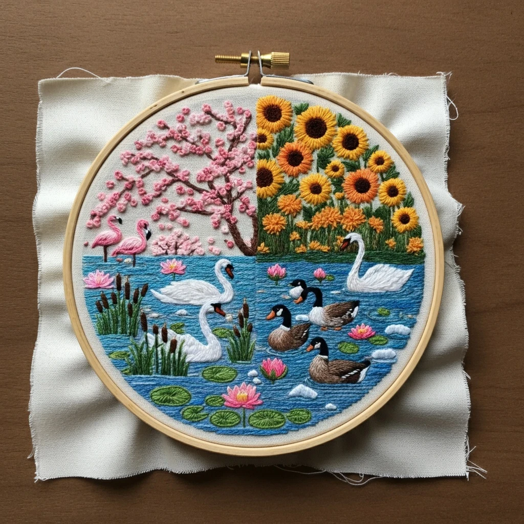 Seasonal Lake Scene Embroidery