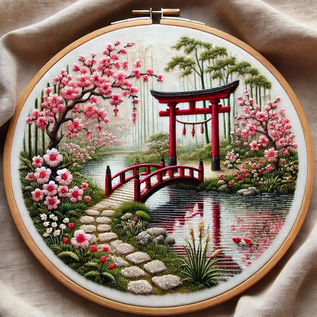 Serene Japanese Garden Embroidery