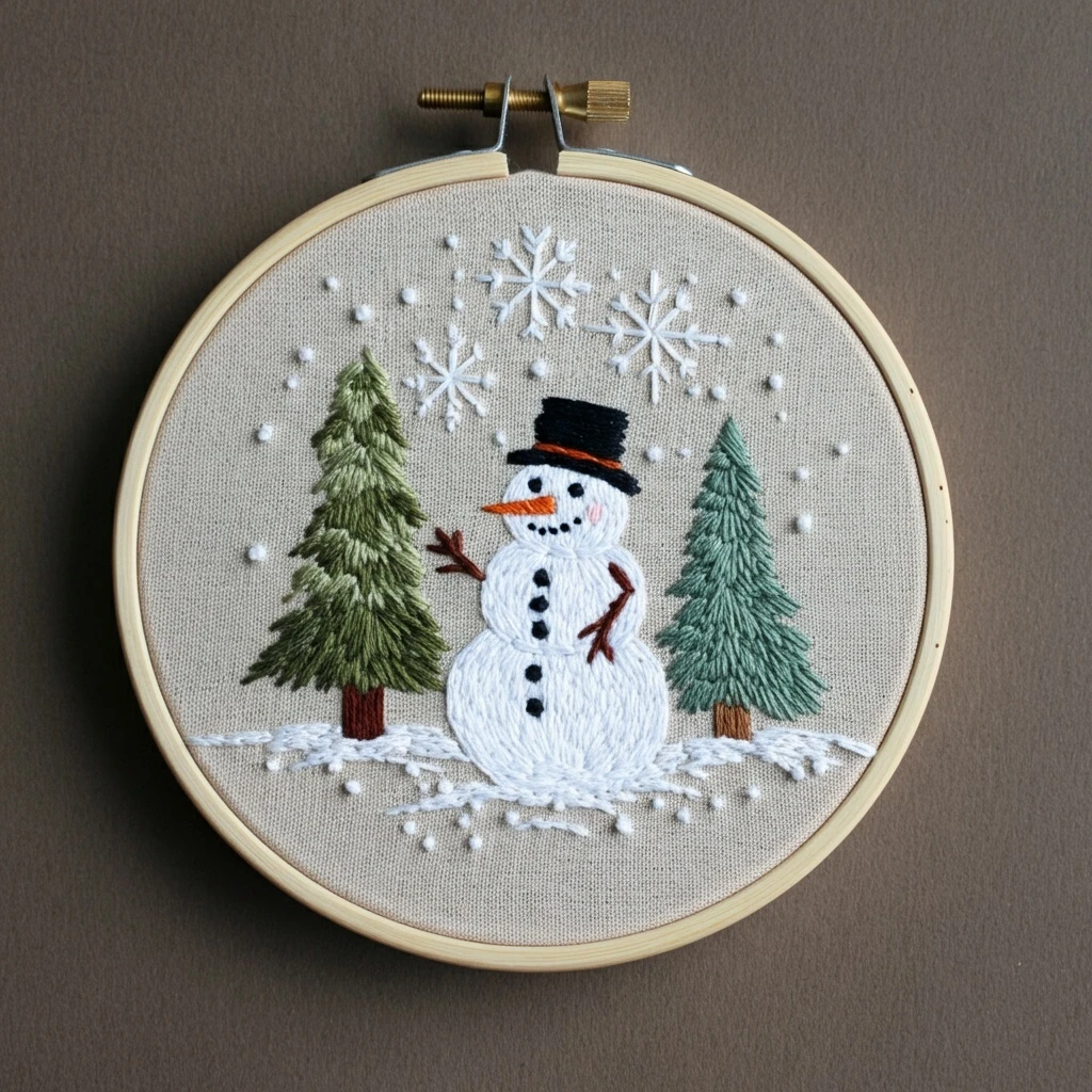 Snowman in Winter Woods Embroidery Pattern
