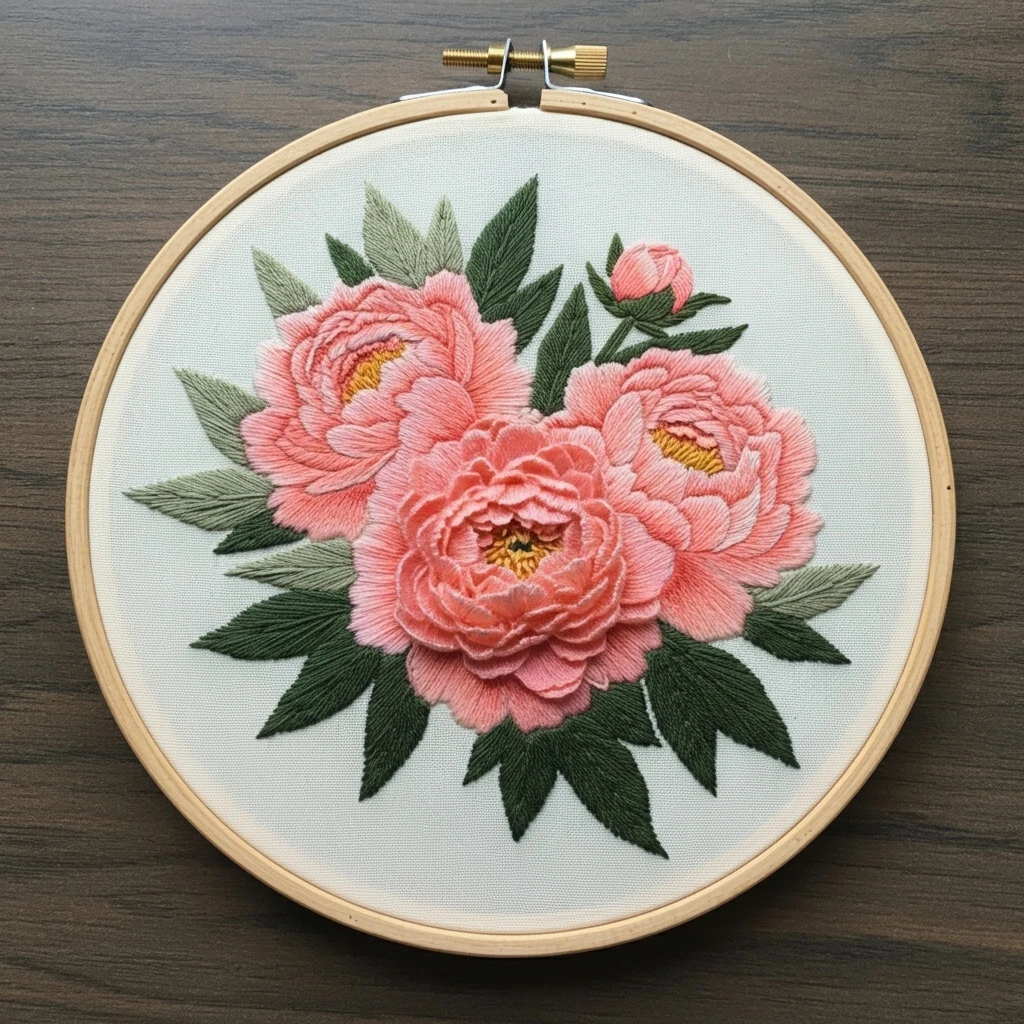 Soft Pink Peonies Hand Embroidery