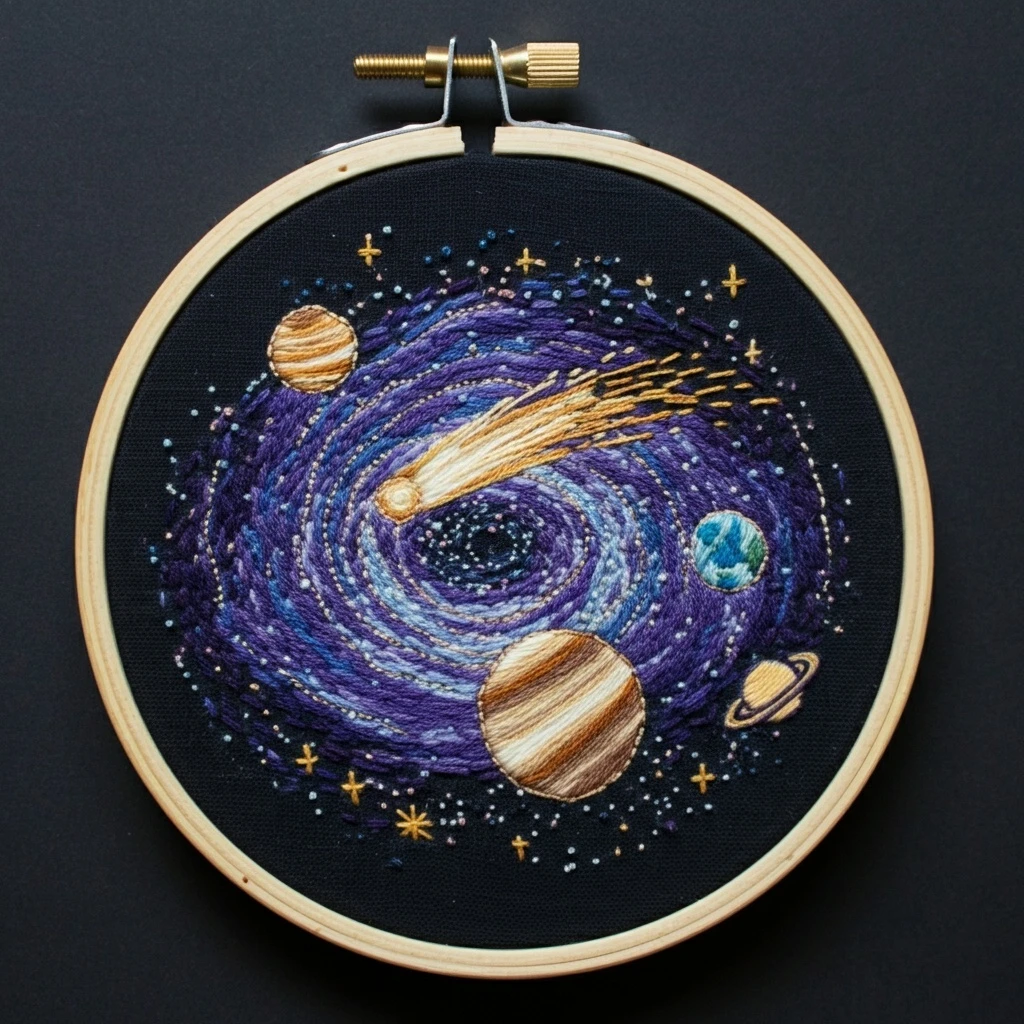 Spiral Galaxy and Planets Cosmic Embroidery