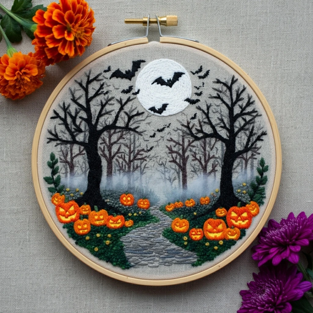Spooky Forest Path Halloween Embroidery Art