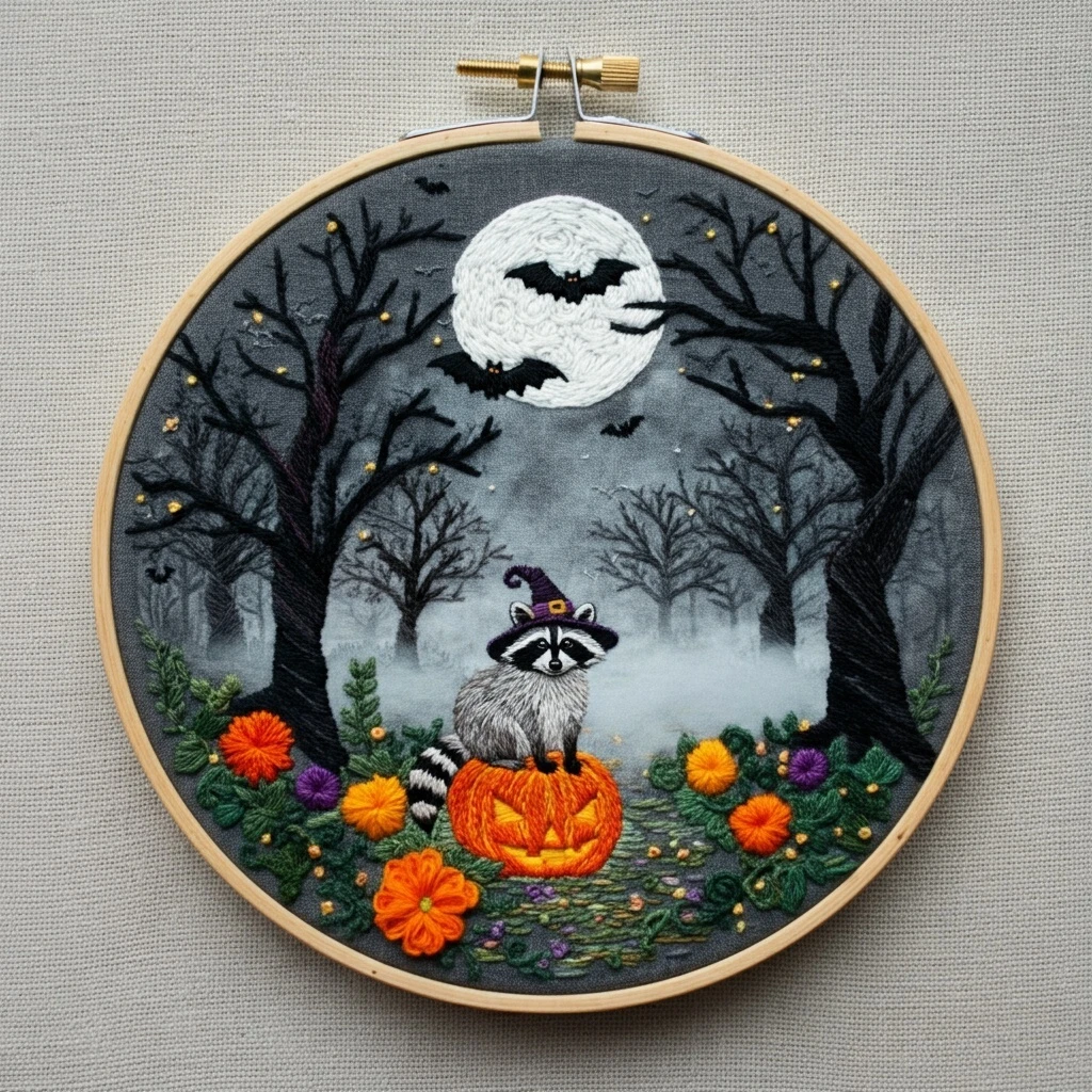 Spooky Raccoon Halloween Embroidery Hoop