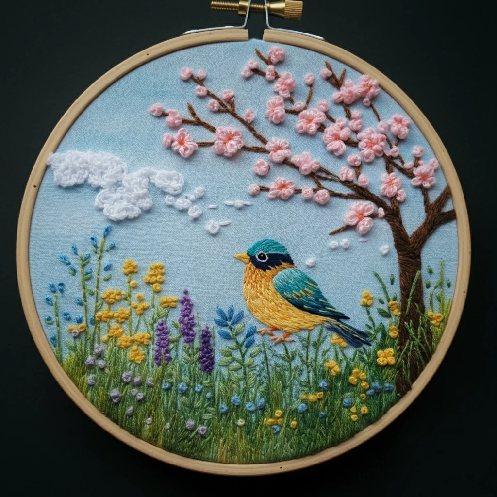 Spring Bird and Cherry Blossoms Hand Embroidery