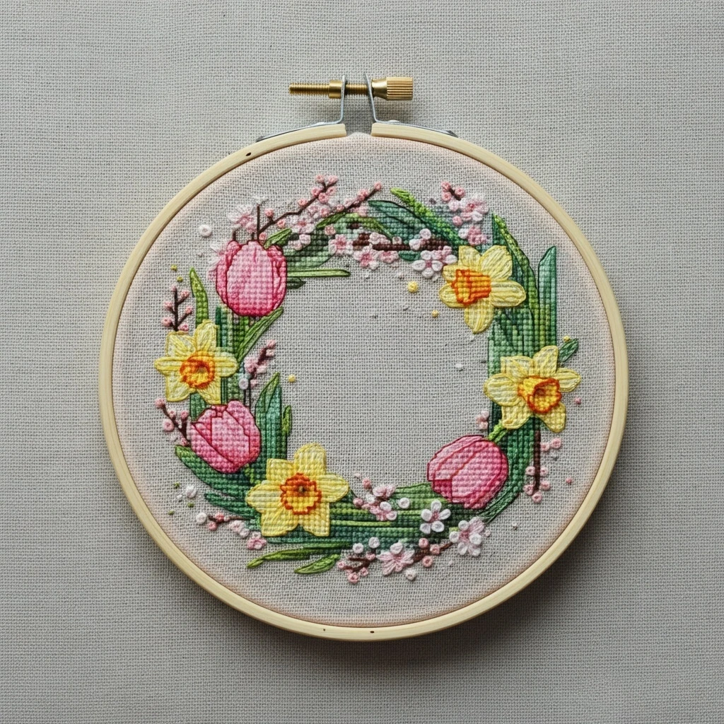 Spring Daffodil and Tulip Floral Wreath Cross Stitch and Embroidery Art